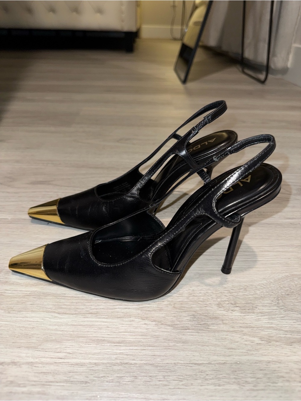 ALDO Black Slingback Pointed Heels with Gold Cap